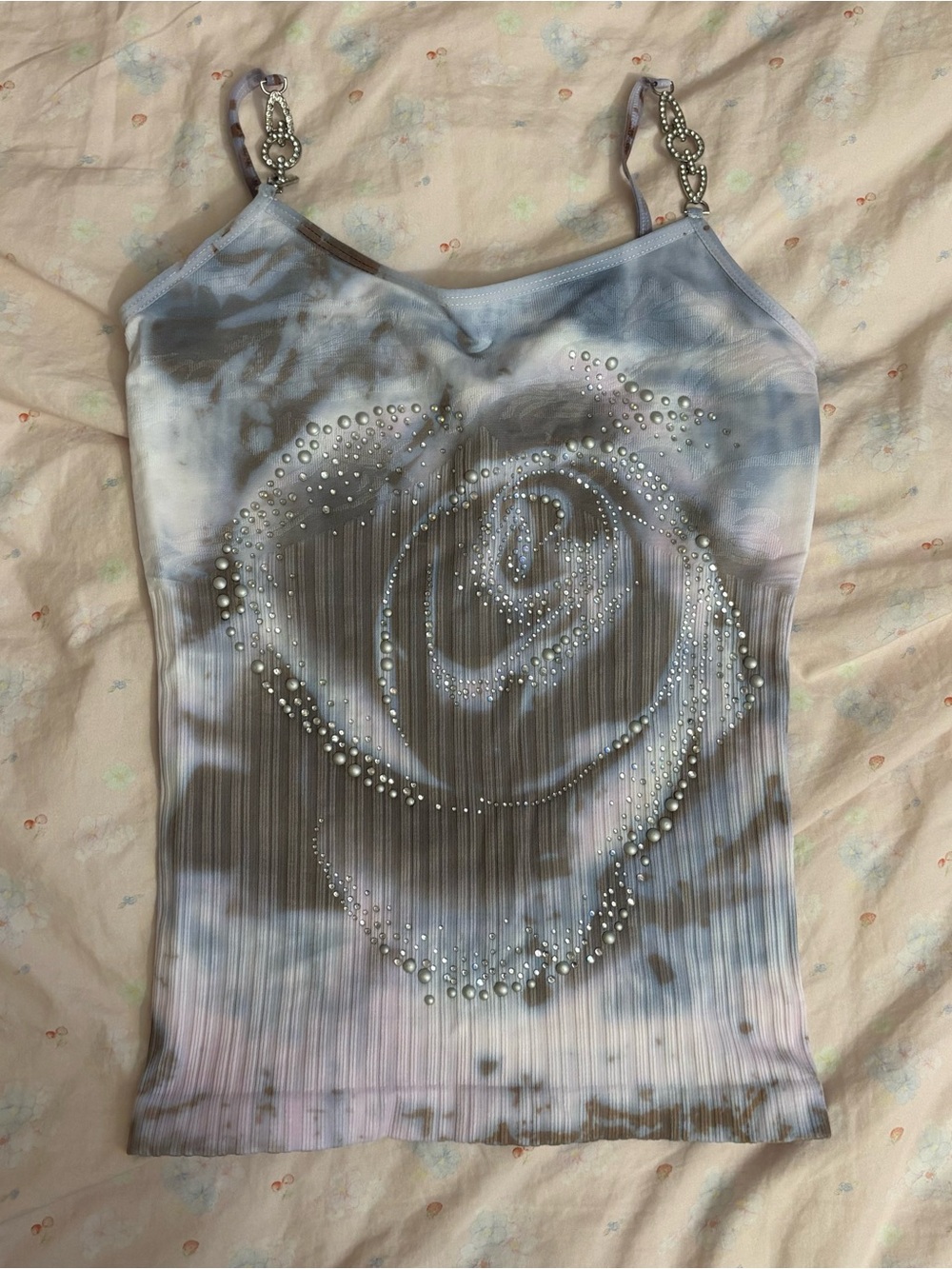 rhinestone rose print cami top♡